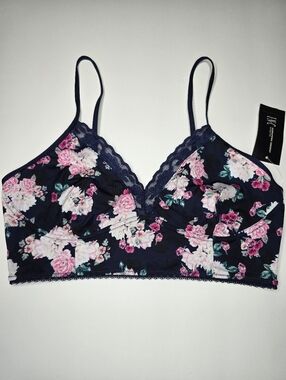 INC International Concepts Floral Lace Trim Bralette Navy Pink Women's Large